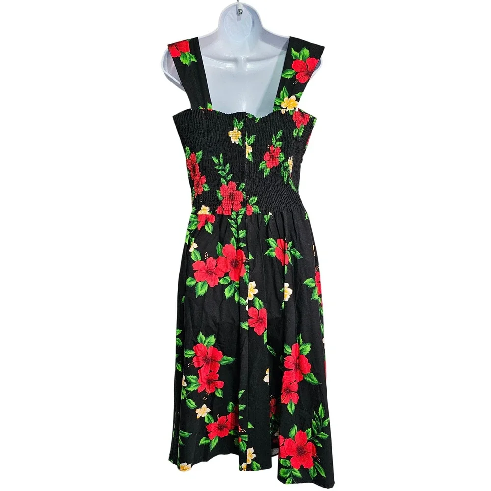Vintage Royal Creations Hawaiian Dress‎ Black Red Hibiscus Floral Midi Smocked M